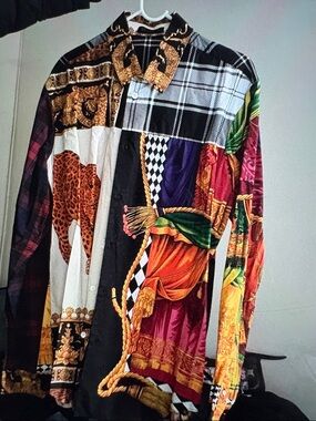 Versace Black, Gold, Purple and Red Mixed Print Button-Down Shirt